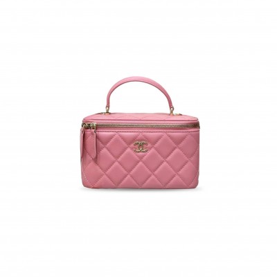 CHANEL VANITY RECTANGLE WITH TOP HANDLE PINK LAMBSKIN LEATHER GOLD HARDWARE (16*10*8cm) 